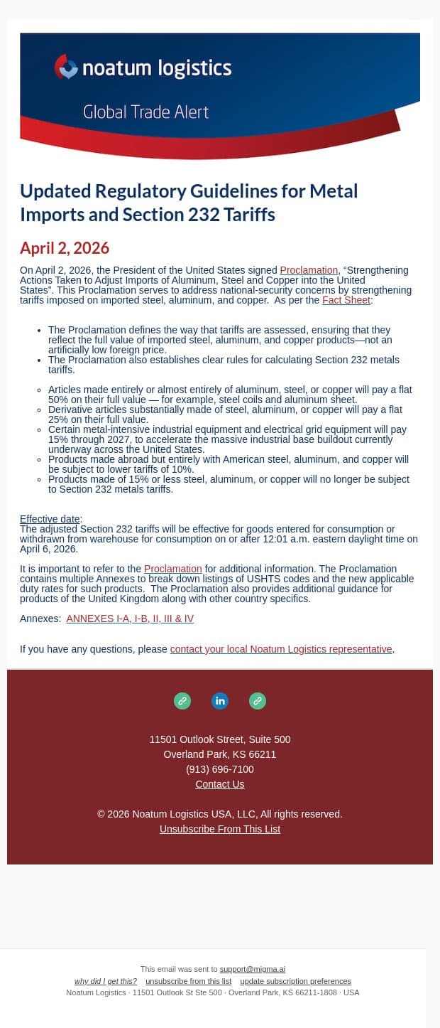 Updated Regulatory Guidelines for Metal Imports and Section 232 Tariffs email from Noatum Logistics screenshot