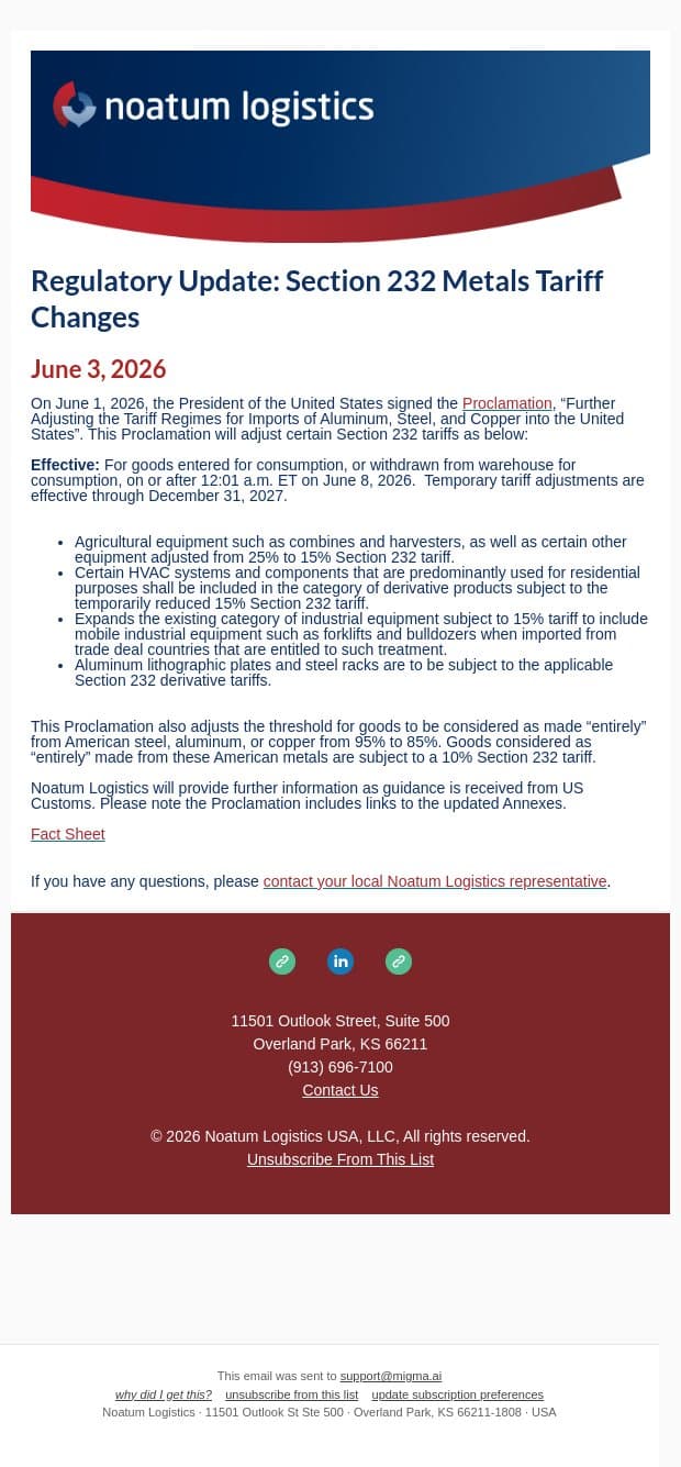 Regulatory Update: Section 232 Metals Tariff Changes email from Noatum Logistics screenshot