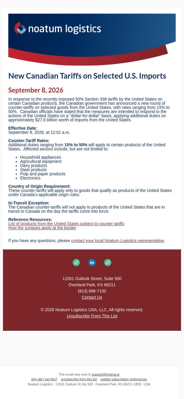 New Canadian Tariffs on Selected U.S. Imports email from Noatum Logistics screenshot
