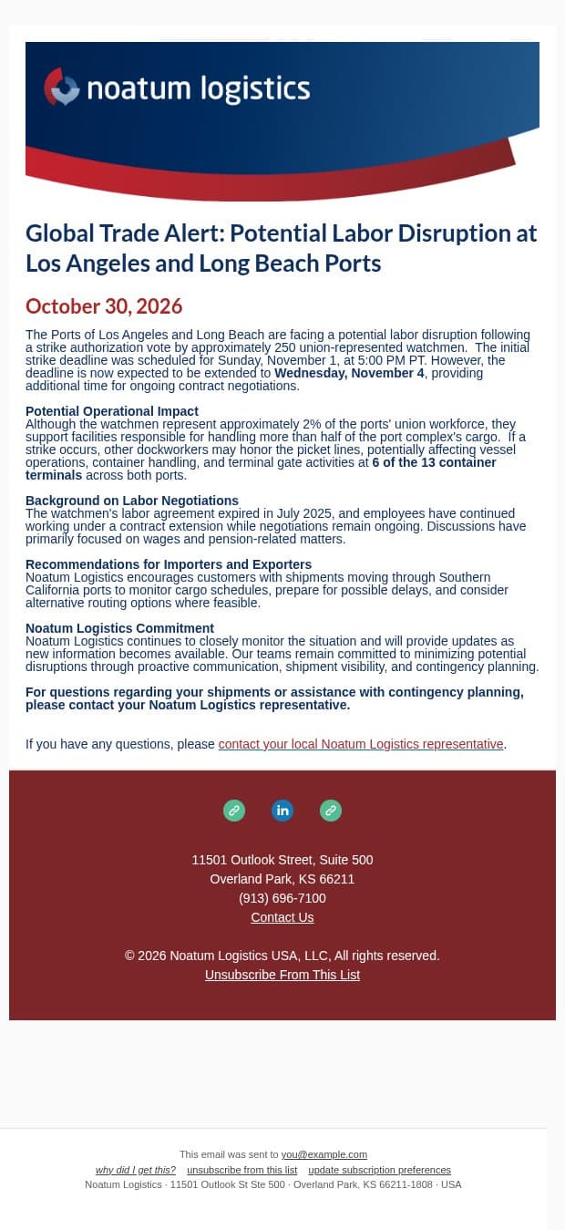 Global Trade Alert: Potential Labor Disruption at Los Angeles and Long Beach Ports email from Noatum Logistics screenshot