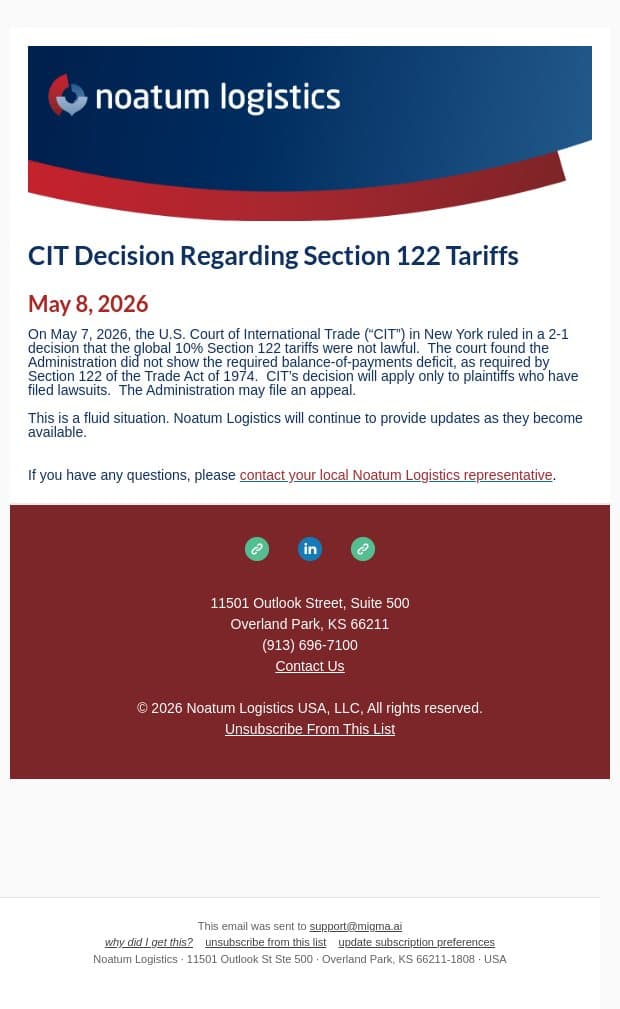 CIT Decision Regarding Section 122 Tariffs email from Noatum Logistics screenshot