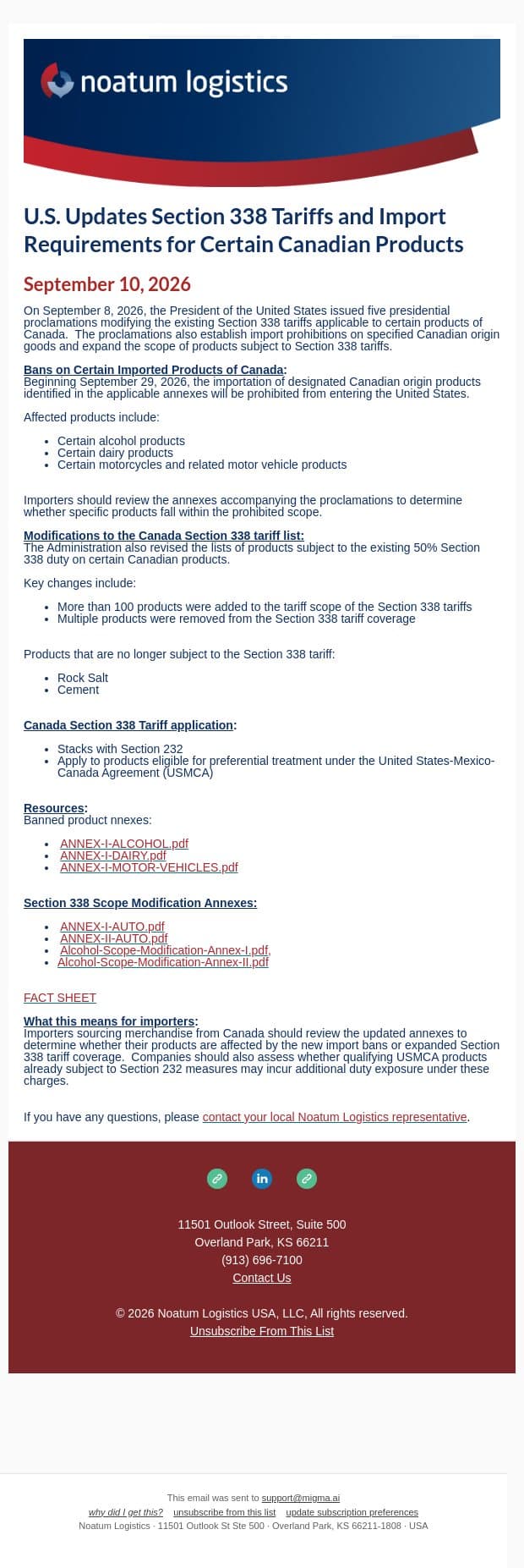 U.S. Updates Section 338 Tariffs and Import Requirements for Certain Canadian Products email from Noatum Logistics screenshot