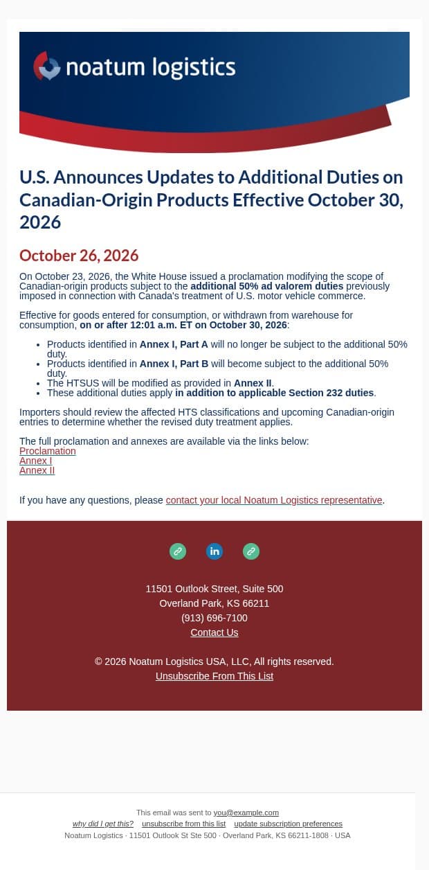 U.S. Announces Updates to Additional Duties on Canadian-Origin Products Effective October 30, 2026 email from Noatum Logistics screenshot