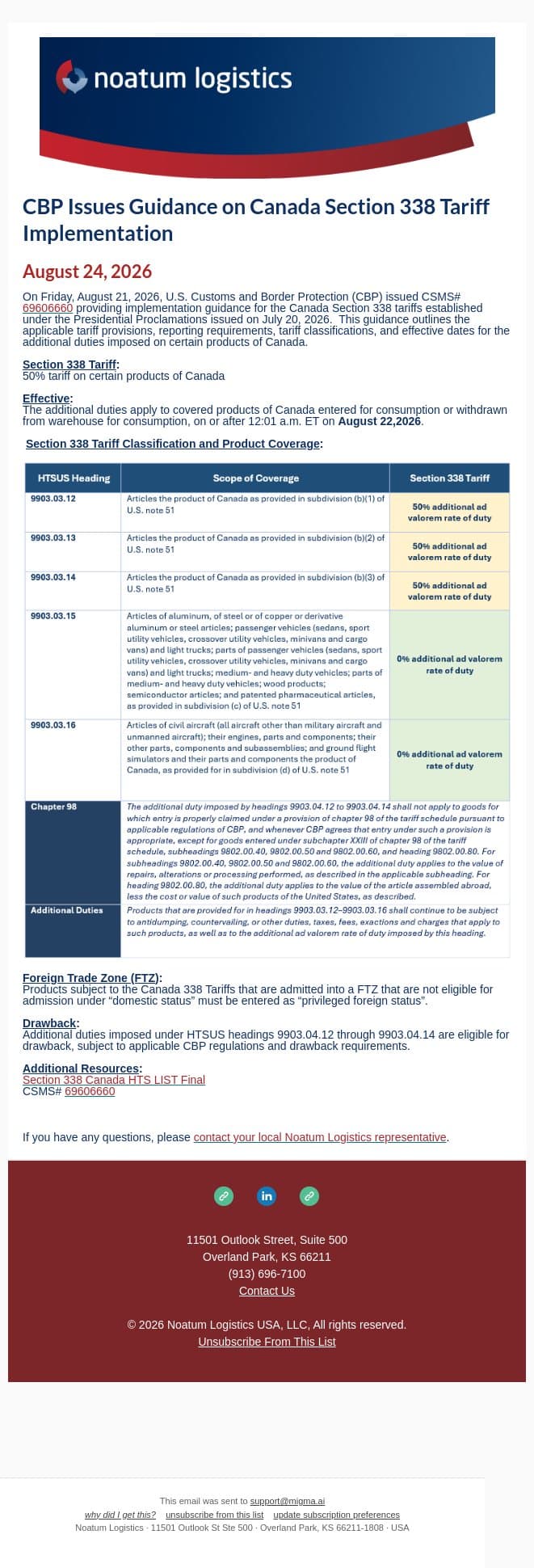 CBP Issues Guidance on Canada Section 338 Tariff Implementation email from Noatum Logistics screenshot