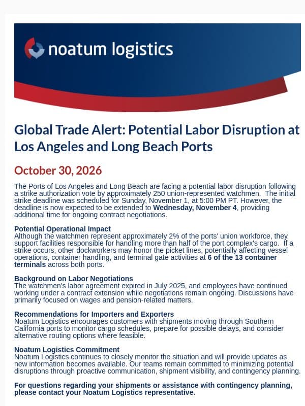 Global Trade Alert: Potential Labor Disruption at Los Angeles and Long Beach Ports email from Noatum Logistics