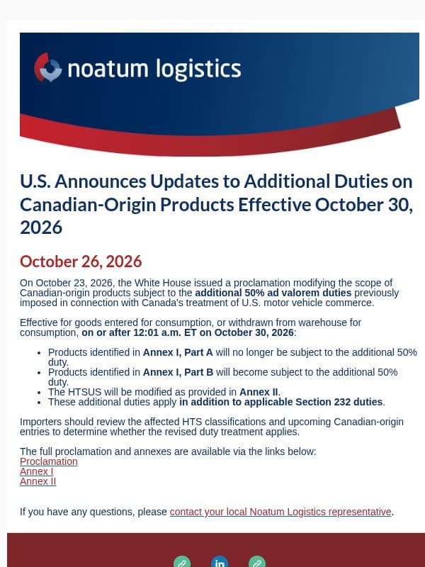 U.S. Announces Updates to Additional Duties on Canadian-Origin Products Effective October 30, 2026 email from Noatum Logistics