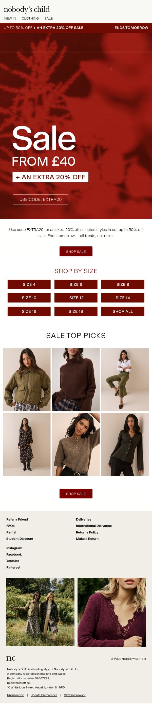 Extra 20% off ends tomorrow email from Nobody’s Child screenshot