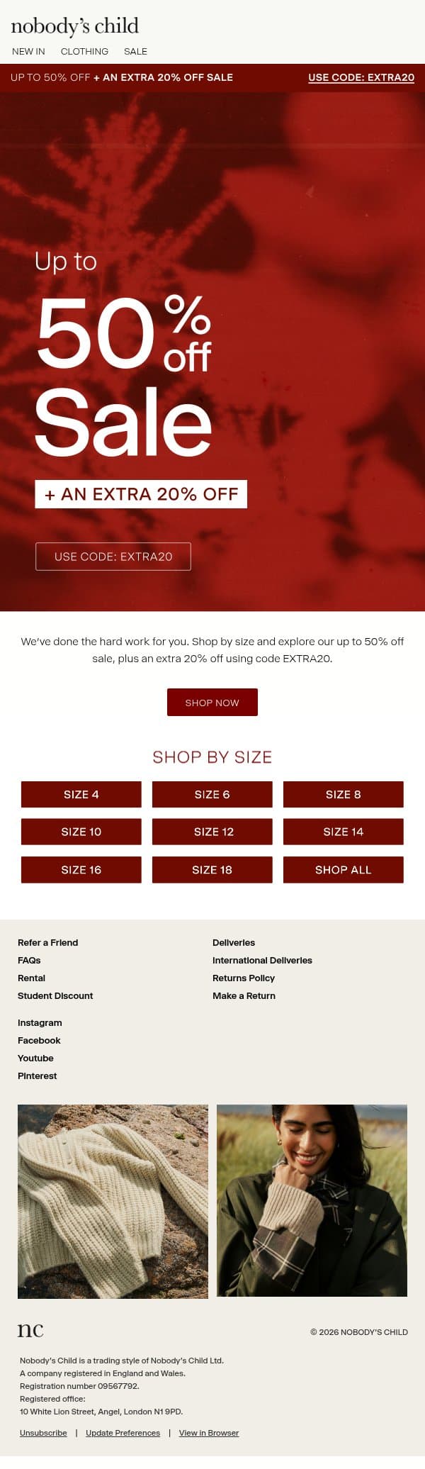 Up to 50% off + extra 20% off email from Nobody’s Child screenshot