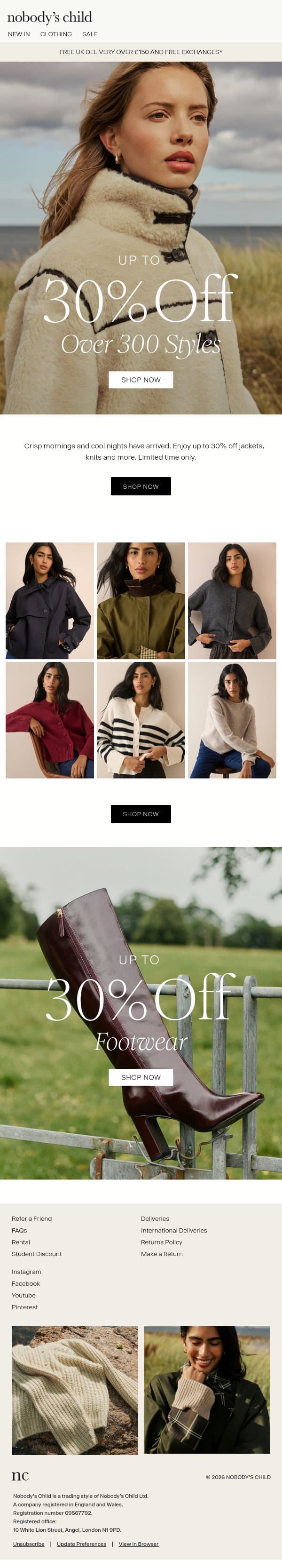 Up to 30% off over 300 styles email from Nobody’s Child screenshot