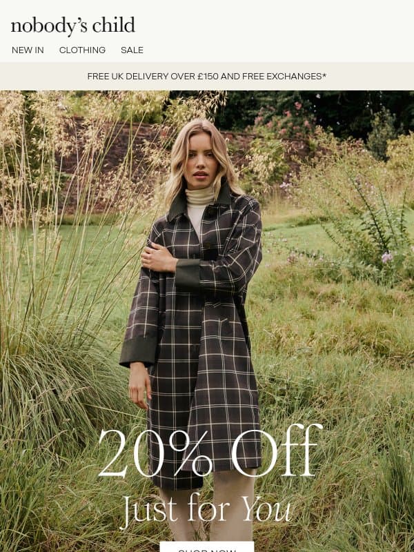 20% off your first purchase email from Nobody’s Child