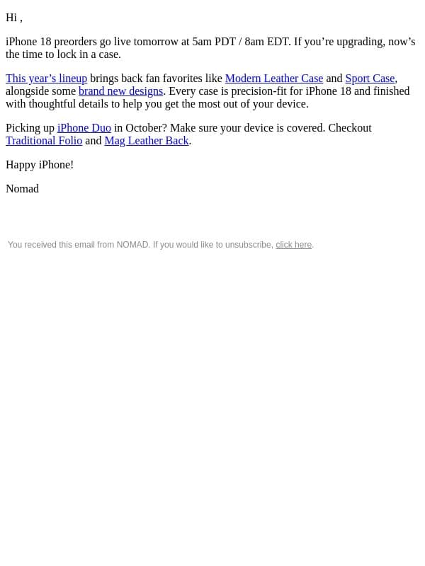 iPhone 18 preorder is here. email from Nomad Goods screenshot