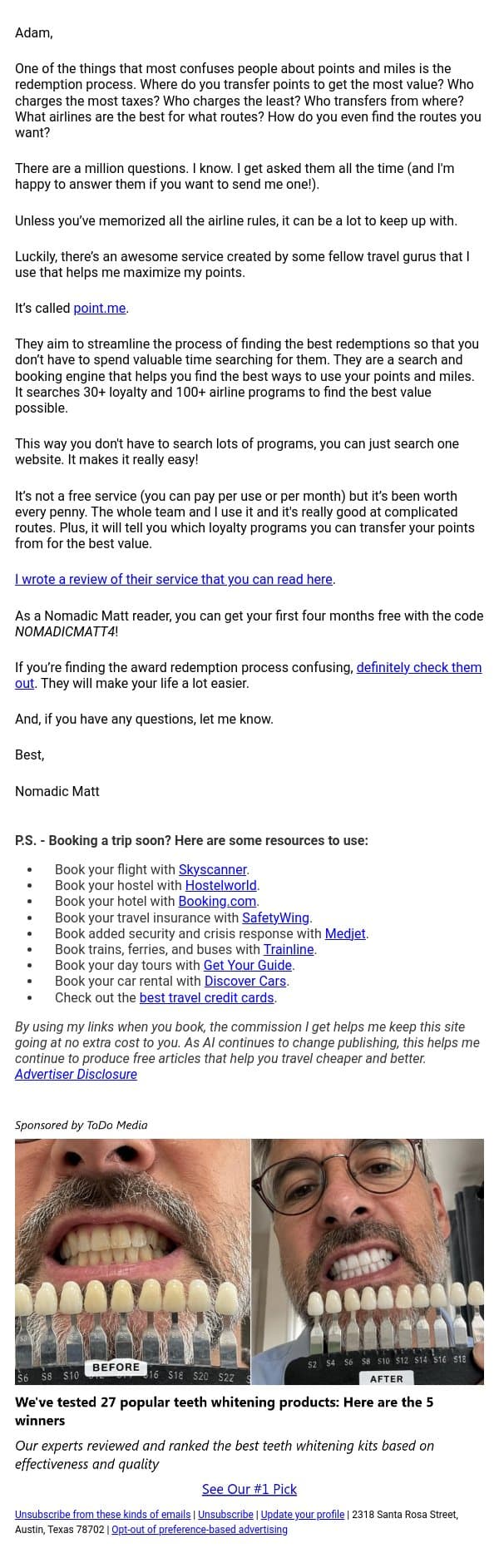 How to easily search for reward space email from Nomadic Matt screenshot