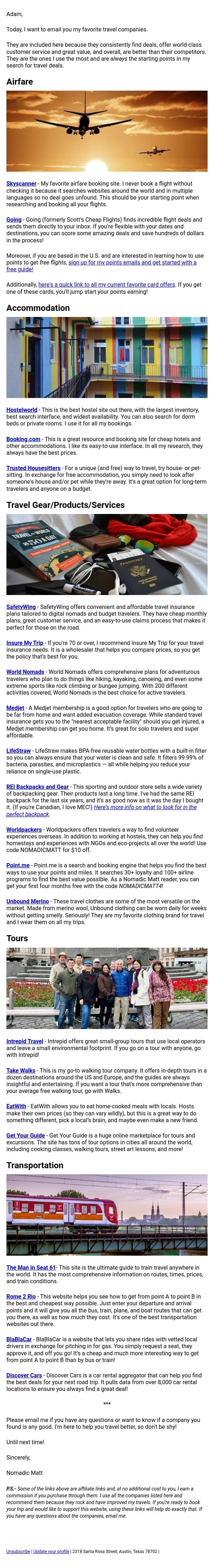 These companies will save you a ton of money on your trip! email from Nomadic Matt screenshot