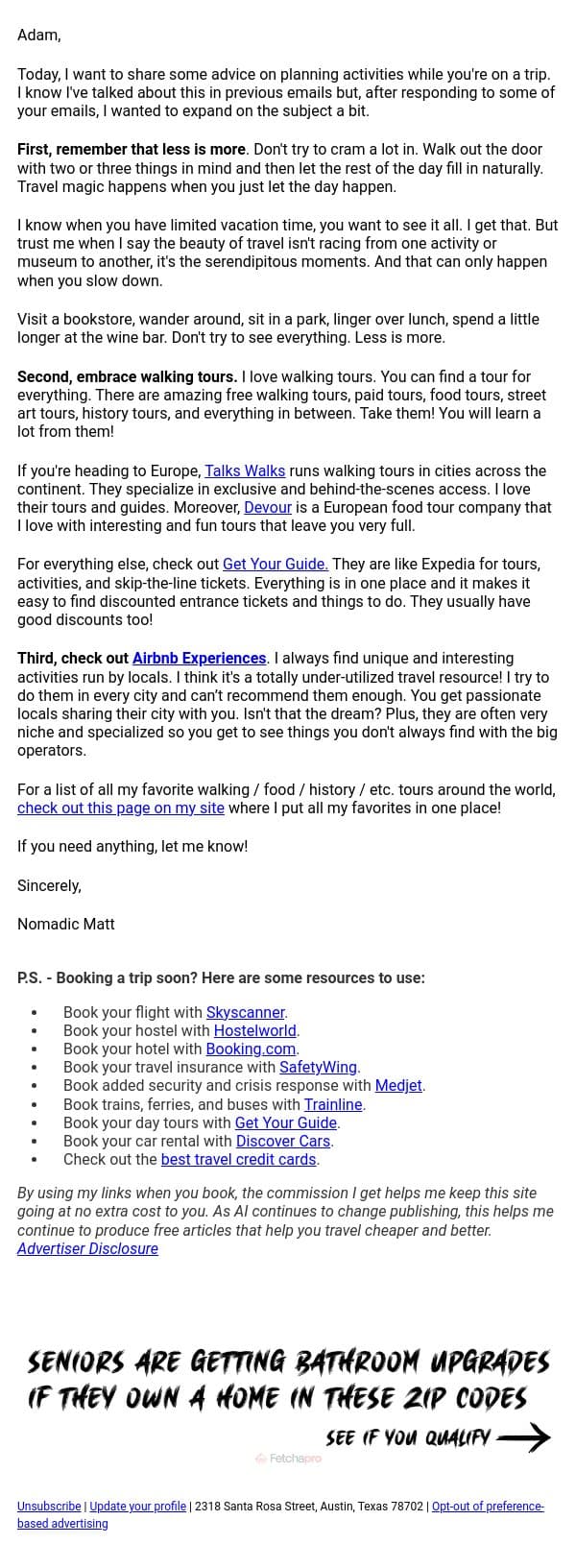 How to plan your activities while abroad email from Nomadic Matt screenshot
