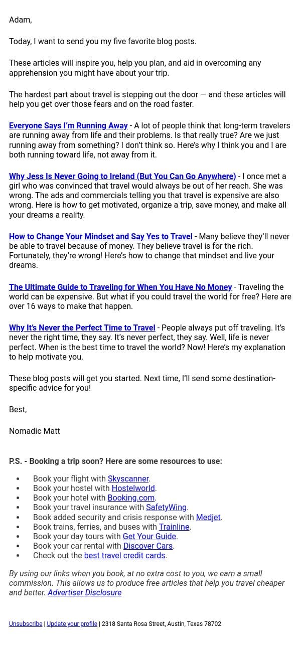 5 blog posts to get you started right away email from Nomadic Matt screenshot