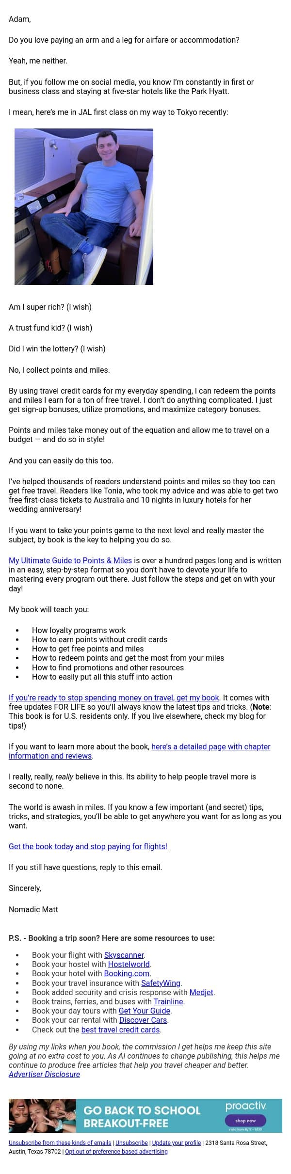 My secret ninja advice for getting free flights email from Nomadic Matt screenshot