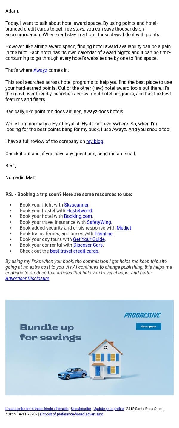How to easily find hotel award space email from Nomadic Matt screenshot