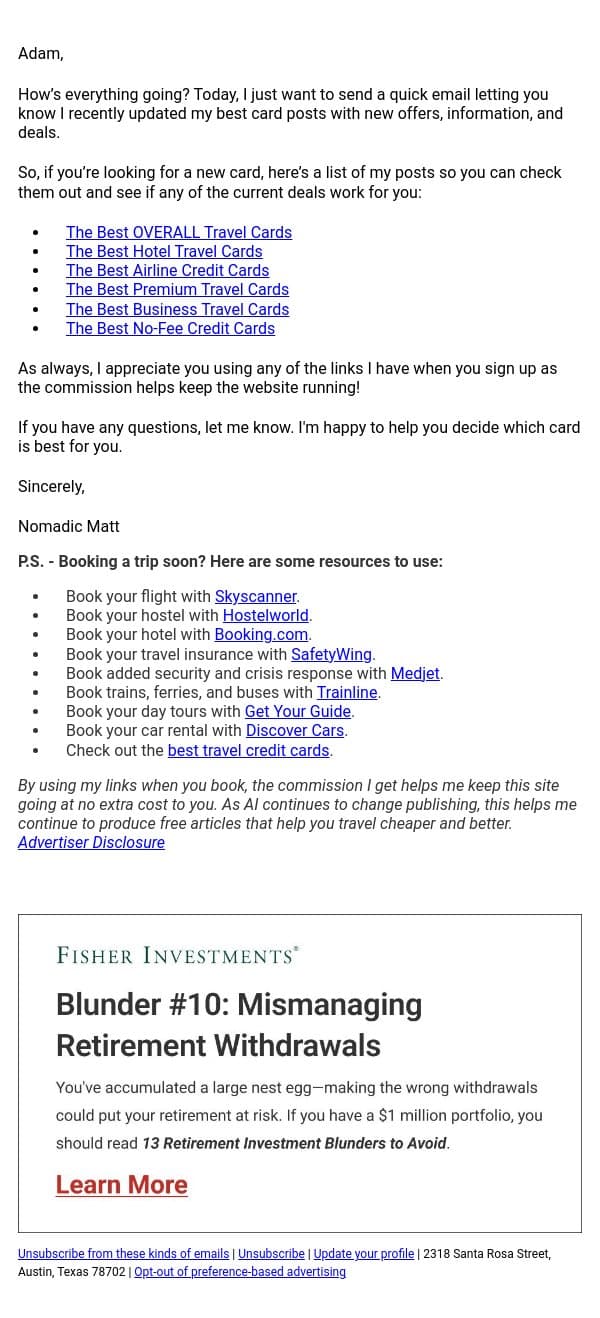 I just updated these important posts! email from Nomadic Matt screenshot