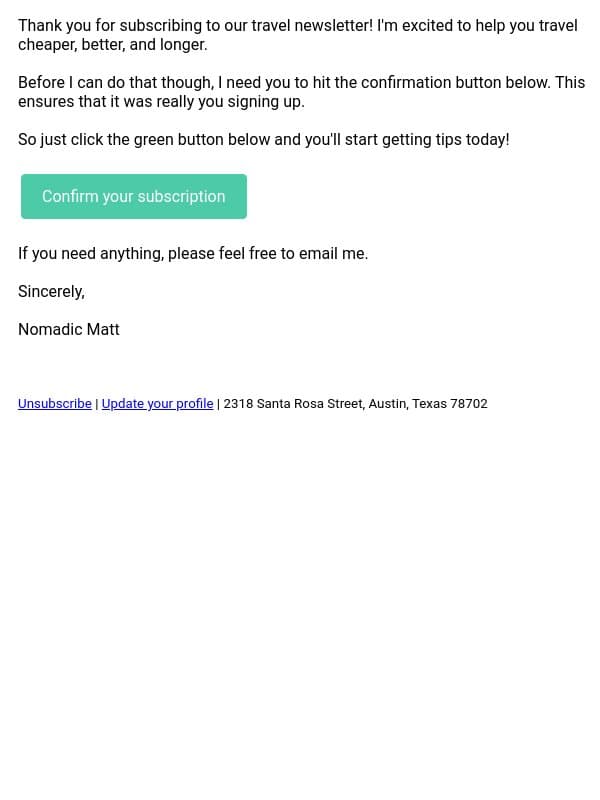 Please confirm your email! email from Nomadic Matt screenshot