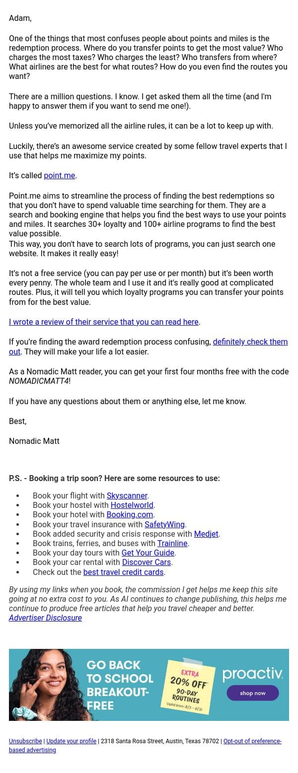Here's how to make finding award flights easier email from Nomadic Matt screenshot