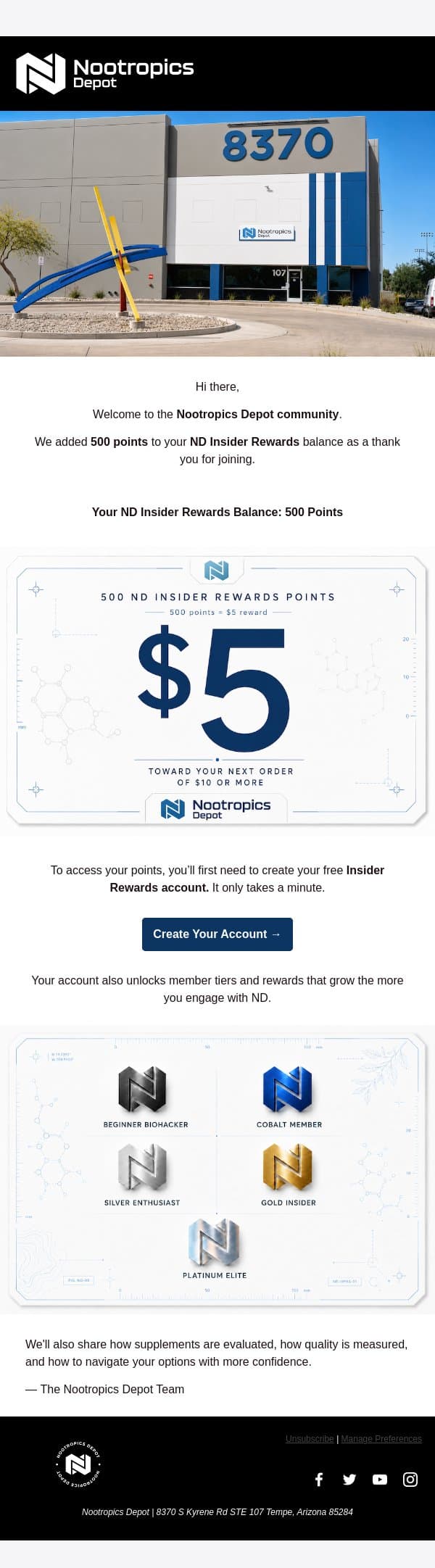 Your 500 ND Insider Rewards Points Are Ready email from Nootropics Depot screenshot