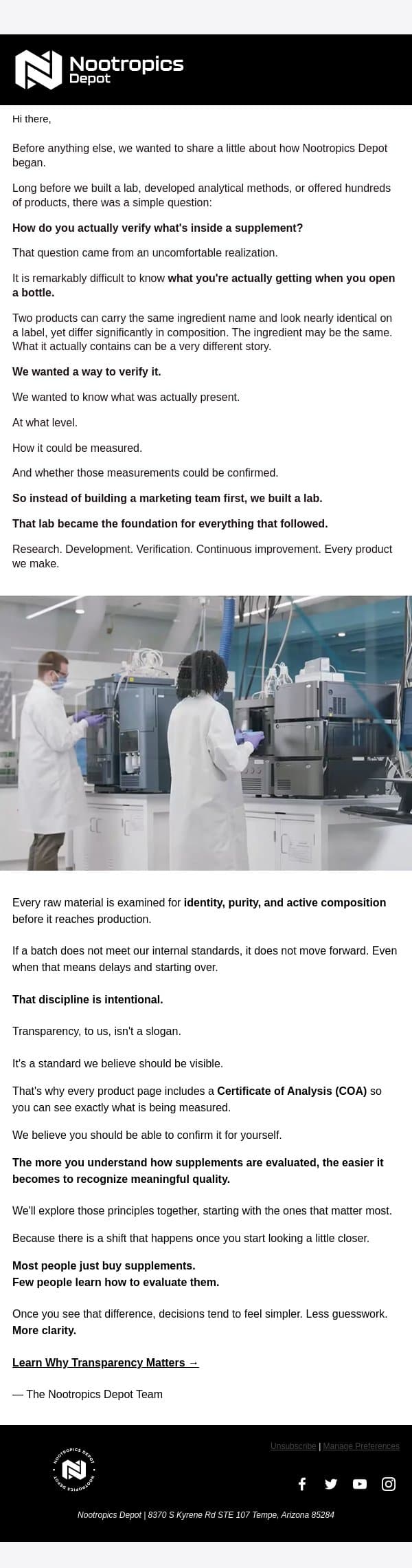 What's actually inside the bottle? email from Nootropics Depot screenshot