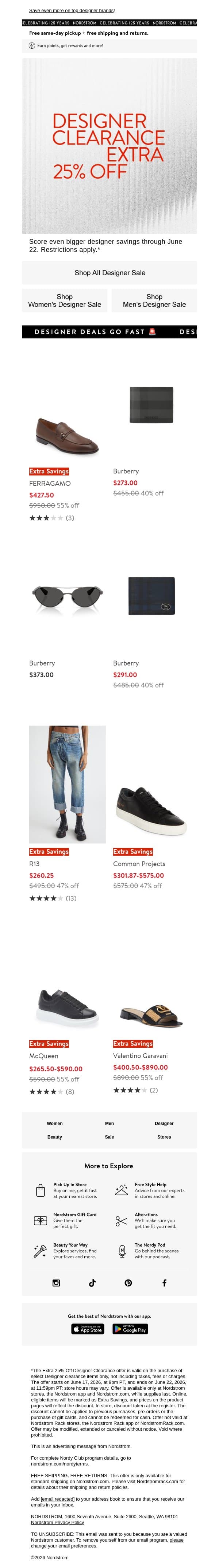 Now get an extra 25% off select Designer Clearance email from NORDSTROM screenshot