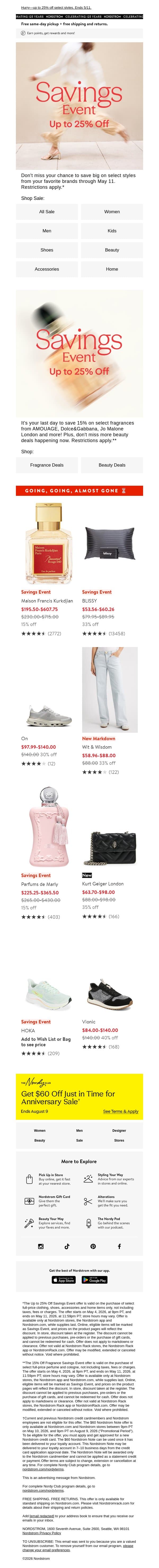 Savings Event ending soon! email from NORDSTROM screenshot