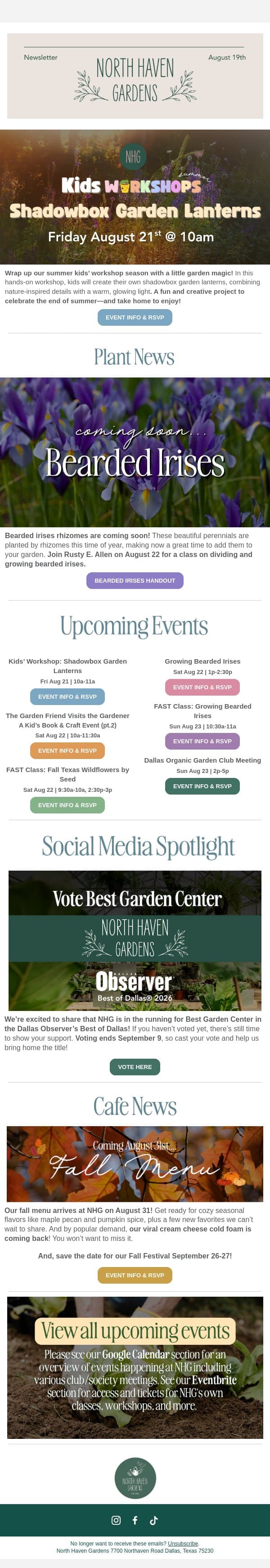 A Kids’ Workshop, Bearded Irises & More email from North Haven Gardens screenshot