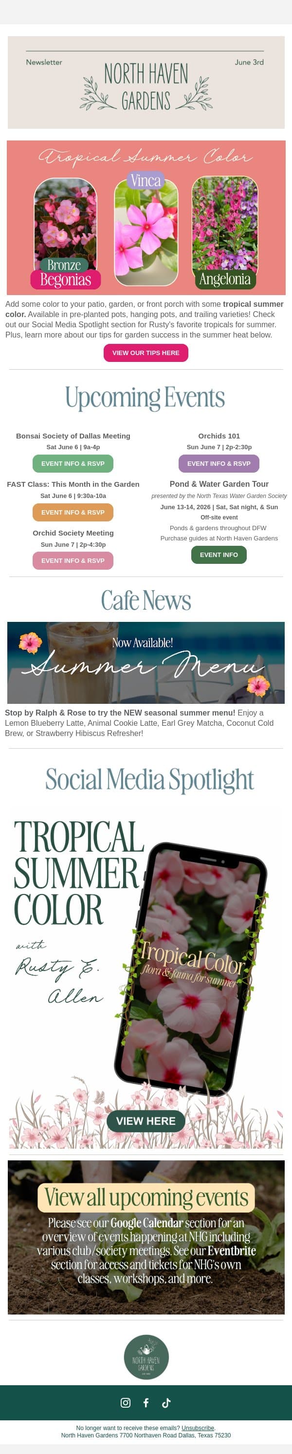 Summer Menu at Ralph & Rose & Tropical Summer Color! ☕🌺 email from North Haven Gardens screenshot