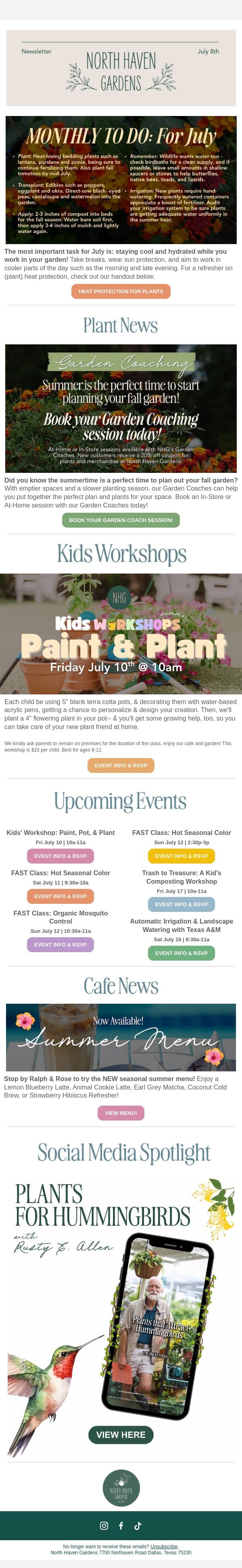 July to-do's, kids workshops, and more! email from North Haven Gardens screenshot