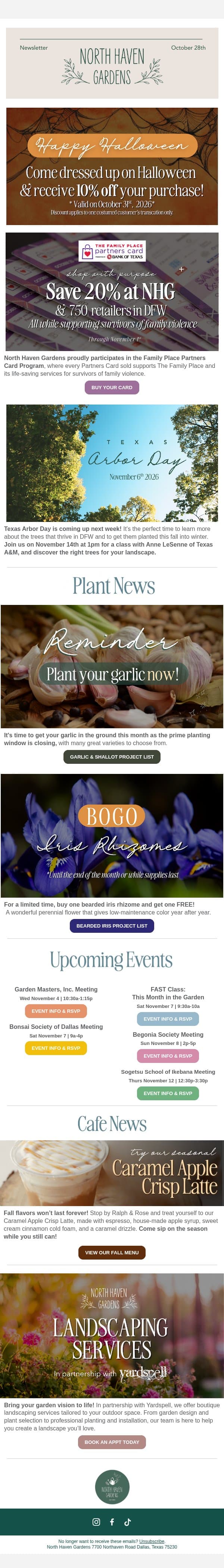 Save 20% at NHG using The Family Place Partners Card email from North Haven Gardens screenshot