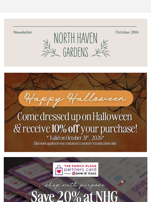 Save 20% at NHG using The Family Place Partners Card email from North Haven Gardens
