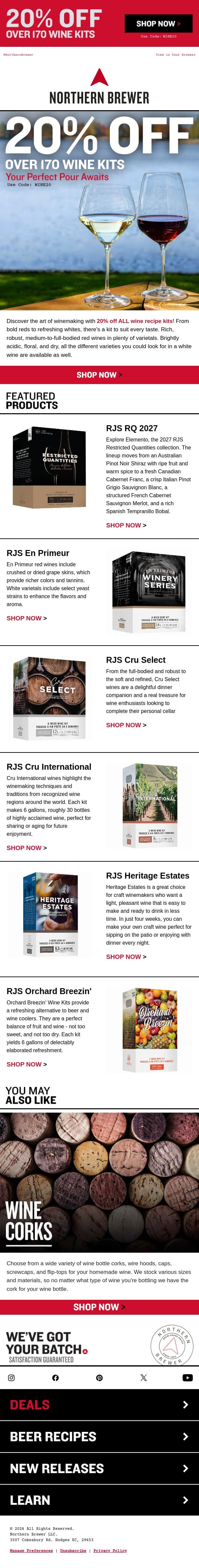 Don't Miss 20% Off All Wine Collections 🥂 email from Northern Brewer screenshot