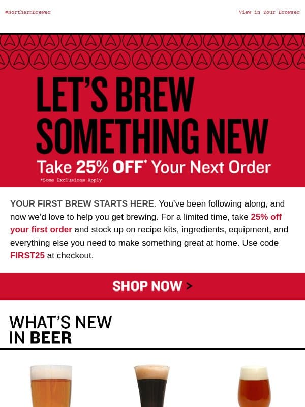 Your First Order is 25% Off 🎉 email from Northern Brewer