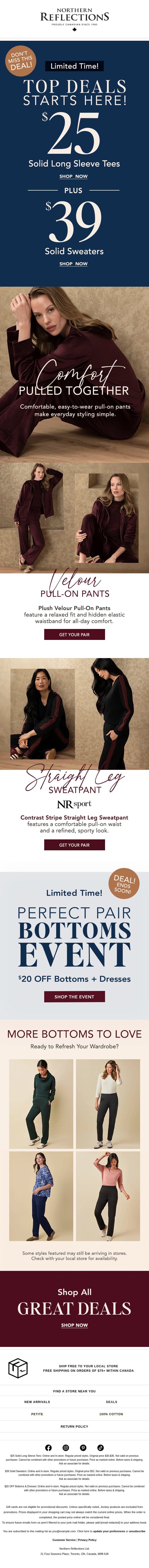 Top Deals Start Here: LS Tees $25 + Sweaters $39 email from Northern Reflections screenshot