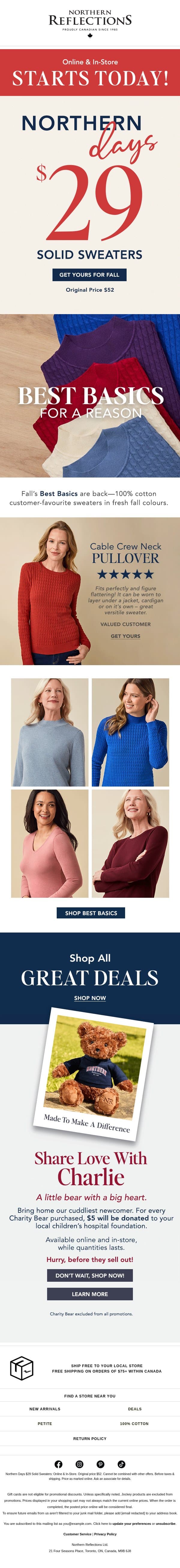 STARTS TODAY! $29 Sweaters email from Northern Reflections screenshot