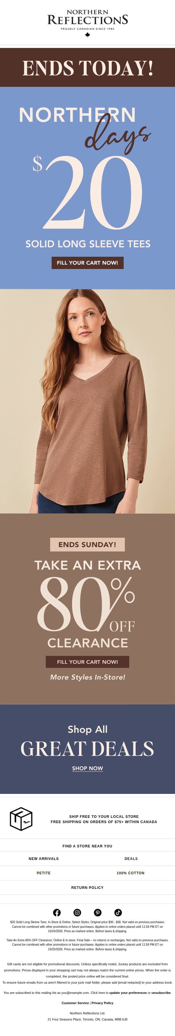 Ends Today! $20 Tees email from Northern Reflections screenshot