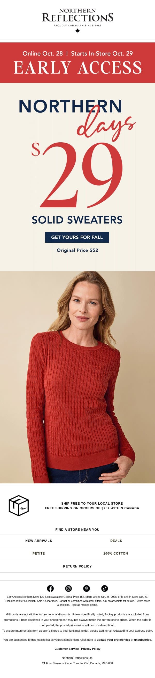 Ready For $29 Sweaters? Early Access Starts Now! email from Northern Reflections screenshot
