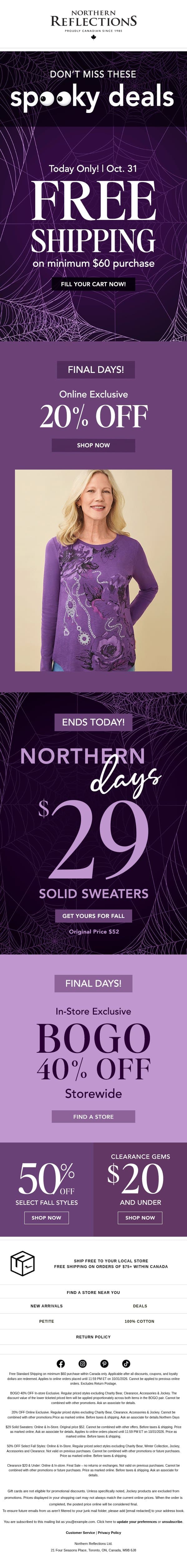 Scary Good Deal: Free Shipping Today Only! email from Northern Reflections screenshot