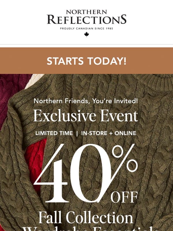 Starts Today! Exclusive Event 40% OFF email from Northern Reflections