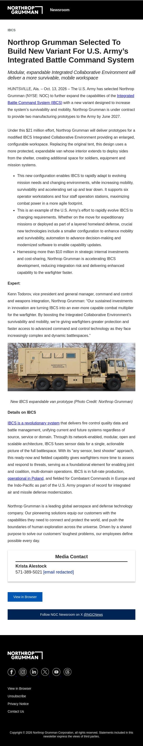 Northrop Grumman Selected to Build New Variant for U.S. Army’s Integrated Battle Command System email from Northrop Grumman screenshot