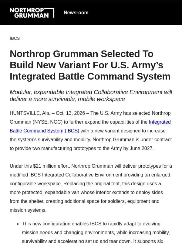 Northrop Grumman Selected to Build New Variant for U.S. Army’s Integrated Battle Command System email from Northrop Grumman