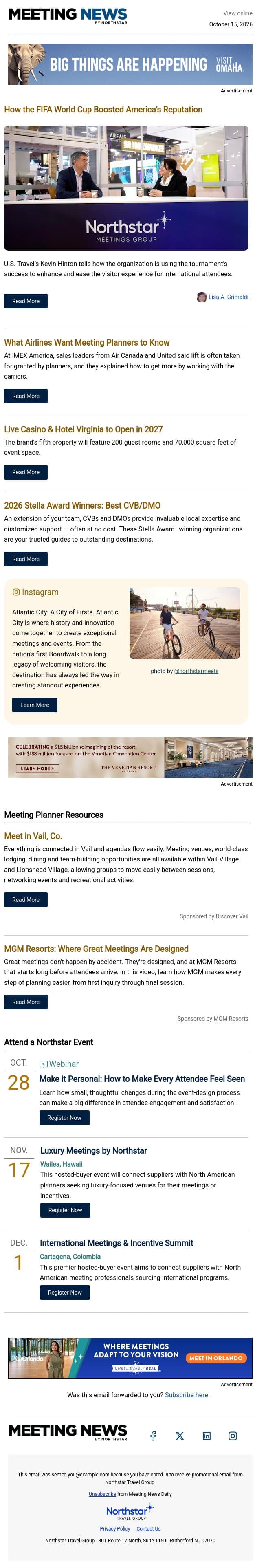 US Reputation's World Cup Boost | Airline Tips for Event Planners email from Northstar Meetings Group screenshot