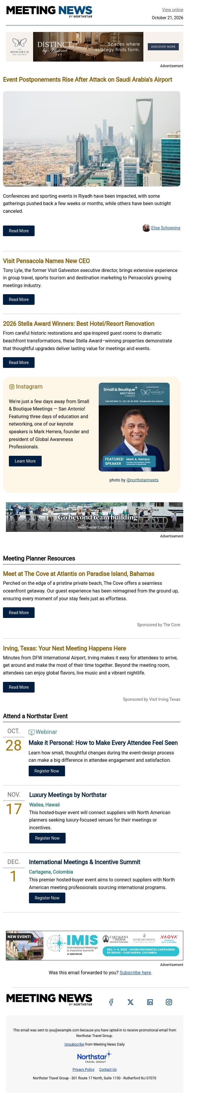 Saudi Events Cancel After Attack | Visit Pensacola's New CEO email from Northstar Meetings Group screenshot