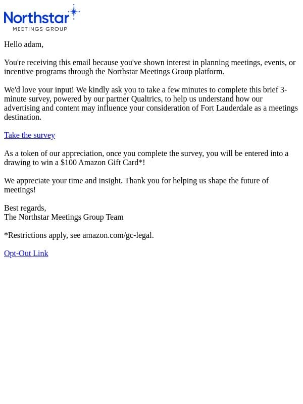Visit Lauderdale – Win a $100 Amazon Gift Card! email from Northstar Meetings Group