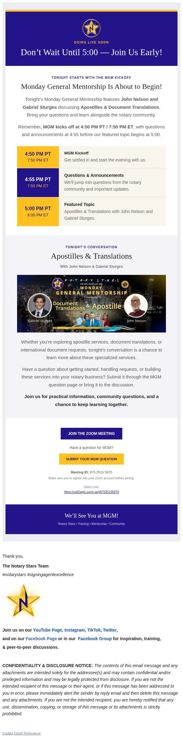 π MGM Going Live Soon! Apostilles & Translations Tonight email from Notary Stars screenshot