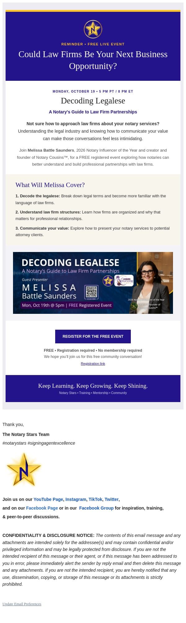🌟 Notaries: Do You Know How to Approach Law Firms? email from Notary Stars screenshot