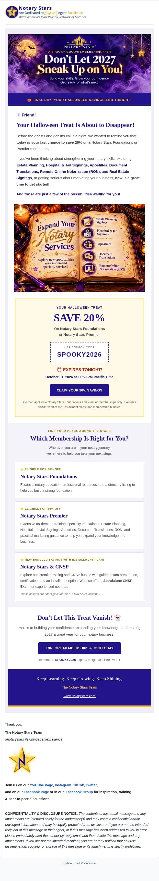 π Last Chance! Your 20% Notary Stars Treat Ends Tonight! email from Notary Stars screenshot