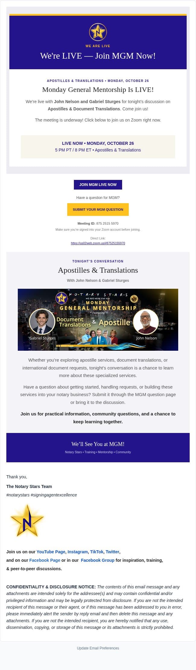 🚨 We're LIVE! Join Apostilles & Translations MGM Now! email from Notary Stars screenshot